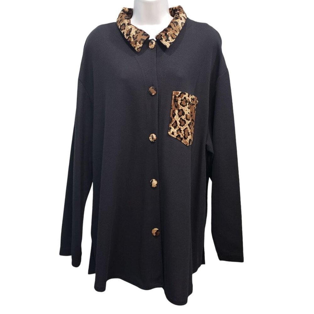 VTG 90s Fashion Bug 22/24W Ribbed Cardigan Shacket Animal Print‎ Trim Black NEW